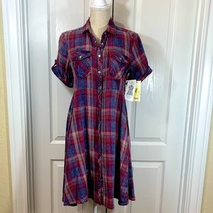 Hot pink & blue plaid Shirt Dress with snaps. Sz small. By “Reba Style”